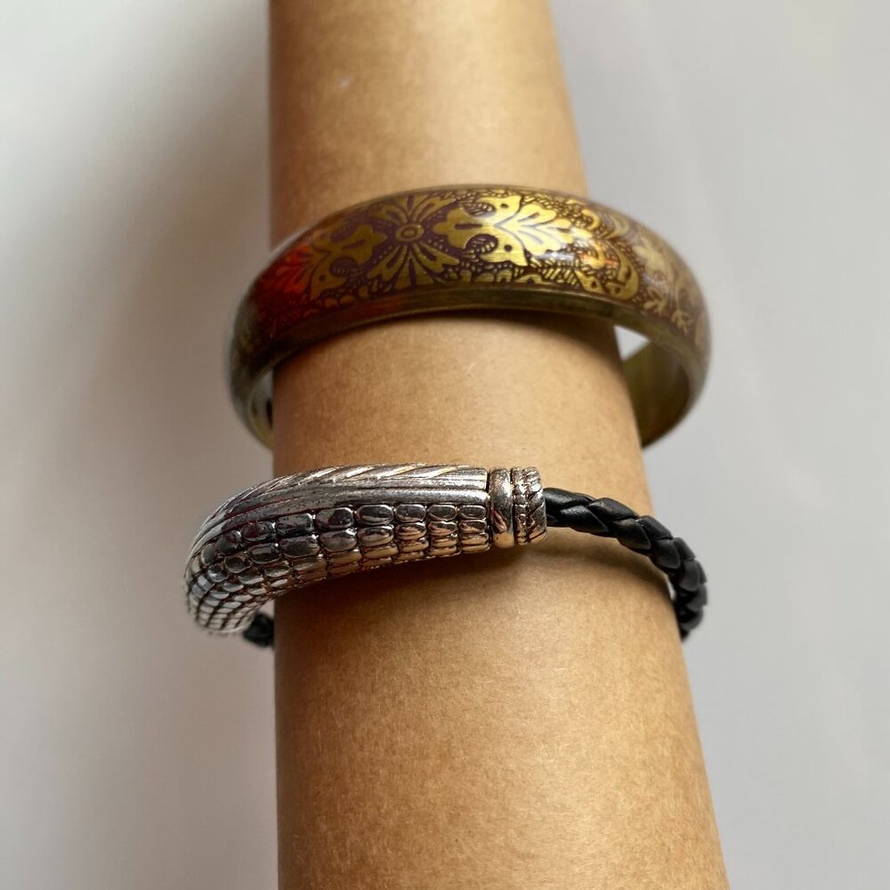 Vintage Gold Floral Bangle & Silver Tone Braided Bracelet Set – Boho Jewelry Lot